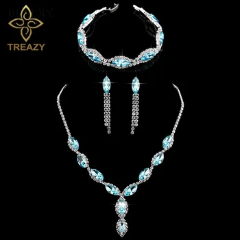 TREAZY Kouzlo Sky Blue Crystal Svatební Šperky Set Silver Plated Květinový Náhrdelník Náušnice Náramek pro Ženy, Svatební Šperky Sady