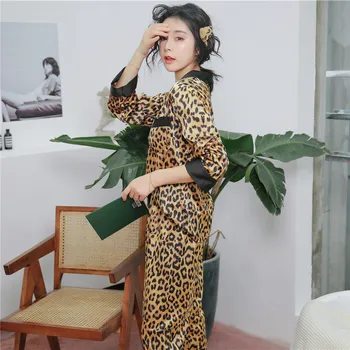 ČERVENEC JE PÍSEŇ Móda Leopard tisk 2 Ks Pyžamo Set V-neck Satén Dlouhý Rukáv Pyžama Umělé Hedvábí, Ženy, oblečení na Spaní Pyžama