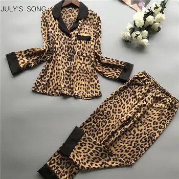 ČERVENEC JE PÍSEŇ Móda Leopard tisk 2 Ks Pyžamo Set V-neck Satén Dlouhý Rukáv Pyžama Umělé Hedvábí, Ženy, oblečení na Spaní Pyžama
