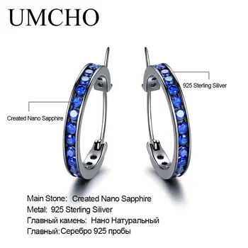 UMCHO Pevné Real 925 Sterling Silver Šperky Modrý Drahokam Vytvořen Nano Safírové Klip Náušnice Pro Ženy Jemné Náušnice