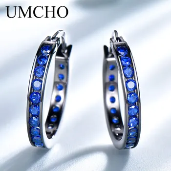 UMCHO Pevné Real 925 Sterling Silver Šperky Modrý Drahokam Vytvořen Nano Safírové Klip Náušnice Pro Ženy Jemné Náušnice