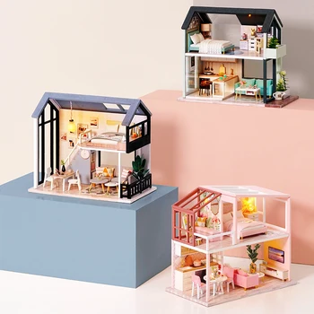 CUTEBEE DIY Doll House Dřevěné Domy Panenky Miniaturní Nábytek pro panenky Sada s LED Hračky pro děti Vánoční Dárek QL03