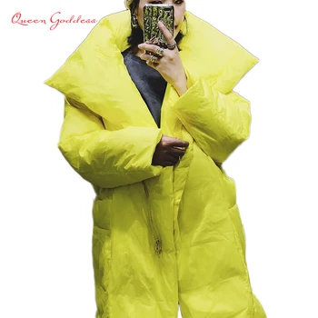 2020 Nové módní příjezdu žlutá X-dlouhé zimní bundy ženy dlouhé kachna dolů bunda volné typ Plus velikosti zahustit vynosit kauzální