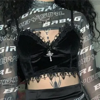 Gothic Dark Sexy Sametové Košilka Ženy Harajuku Mall Goth Krajky Patchwork Bez Ramínek Plodin Tank Top Retro Lace Vest Klub