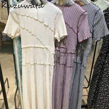 Kuzuwata Elegantní Dřevěné Ucho Patchwork Skládaný Ženy Šaty 2021 Jaro Léto Šňůrky Vestidos Nové Vysokým Pasem Plaid Šaty