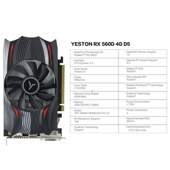 Yeston Radeon RX 560D GPU 4GB GDDR5 128 bit Herní Stolní počítač PC Video Grafické Karty podpora DVI-D/HDMI-kompatibilní