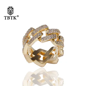 TBTK 2 Řádky 14mm Šířka Módní Zlaté Ledový Prsten, CZ, Geometrický Náměstí Kubánské Odkaz Prsteny Luxusní Šperky Přívěsky Hiphop Muži