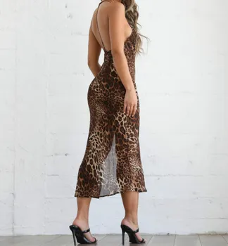 Ženy V-neck Halter Leopard Šaty Dámské Slip Špagety Šaty, Holiday Beach Šaty Velikost 8-16