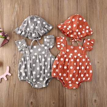 2020 Letní Dětské dívčí Oblečení O-neck Polka Dots Tisk bez Rukávů Rompers Klobouk Sunsuit Infant Bavlněné Oblečení, Set 0-24 Měsíců