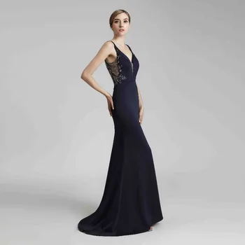 Nové Levné Vintage Tmavě Modré Dlouhé Mořská panna Večerní Šaty Sexy V Krku Boční Štěrbinou Formální Prom Party 2021 Šaty s hlubokým Výstřihem Gala LX465