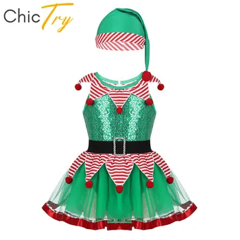 ChicTry Děti, Vánoční, Vánoční Elf Kostým Zdobený Pruhované Mesh Dance Trikot Tutu Šaty Klobouk Nastavit Holky Fázi Výkonu Oblečení