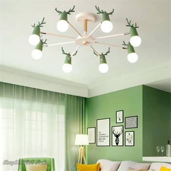 Nordic macaron paroh lustr moderní LED lustry, ložnice, jídelna železa a dřeva jelení hlavou Visí Lampy dekor Příslušenství