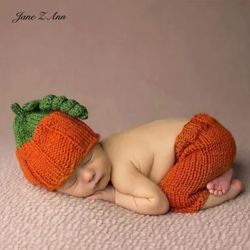 Jane Z Ann Novorozence/100 dní Halloween oblek ručně háčkovaná dýně kostým čepice +kalhoty baby fotografie rekvizity