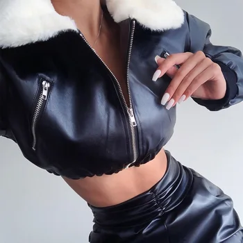 2020 Winter Slim PU Bunda dámská Falešný Kožený Kabát S Kožešinovým Límcem Krátké Plodin vesta Sexy Těsné Zip Bundy