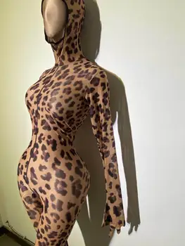Módní Strečové Skinny Leopard Dámské Kombinéza Dlouhý Rukáv Rukavice Party Šaty Sexy noční Klub Kombinézu DJ, Zpěvačka, Tanečnice, Kostýmy