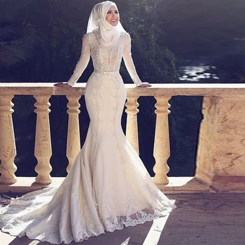 Dlouhé Rukávy Muslimské Svatební Šaty Roku 2020 S Hidžáb Tylu Zamést Vlak Nášivka Šifon Podlahové Délka Mermaid arabské gelinlik duba