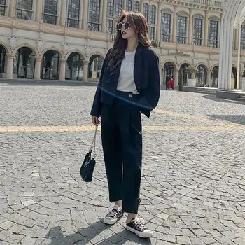 Ženy 2 Dílná Sada 2020 Podzim Příležitostné Blazers Volné Kancelářské Dámy Oblek Ženské Korean Módní Sako + Pant Obleky