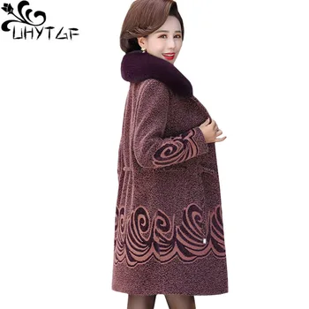 UHYTGF Kvalitní Norek kašmír Zimní vlněný kabát dámský kožešinový límec elegantní ženy podzimní kabáty temperament máma plus velikost sako 1162