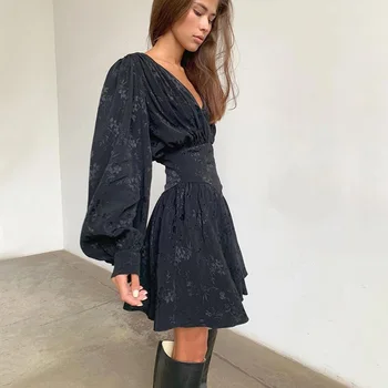 Gotické Sexy Černé Midi V-neck Šaty pro Woamn 2020 Podzim Harajuku Značkové Luxusní Žena Oblečení Party Šaty Goth