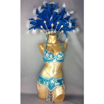 Doprava zdarma hot prodej Sexy Samba Rio Karneval Kostým ženy belly dance kostým s Tyrkysovým Peřím Hlavu kus