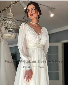 Verngo Vintage Krajky Puff Dlouhé Rukávy Svatební Šaty Šifon Čáry V Krku Nevěsty Šaty Délka Podlahy Elegantní Svatební Šaty