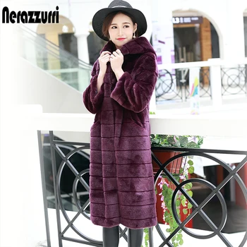 Nerazzurri dlouhé umělé kožešiny kabát ženy s kapucí dlouhý rukáv fialové chlupaté umělé kožešiny kabát pruhované tlusté teplé zimní načechraný kabát