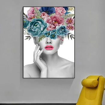 Módní Krásná Žena Portrét a Květinové Plátno Malby Nástěnné Plátno Umění Fotografie Plakátu, Tisk pro Obývací Pokoj Domácí Dekor