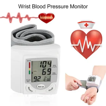 Přenosné Automatické Digitální Zápěstí Monitor Krevního Tlaku Přístroj LCD Displej Srdeční Frekvence Puls Metr Opatření Tonometr Bílá