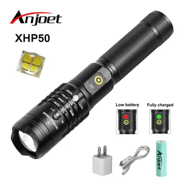 Anjoet Výkonné LED Svítilna XHP50.2 Dobíjecí Svítilna USB Zoom Camping Lantern Lovecké Svítilny sebeobrany, Použití 18650