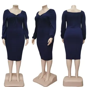 Plus Velikosti Ženy Sexy V-neck Solidní Party Šaty 2020 Podzim Nejnovější Dáma s hlubokým Výstřihem Plný Rukáv Slim Pasu Bodycon Mid-tele Šaty