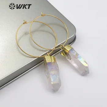 WT-E493 WKT Nové přírodní Auru quartz houpající náušnice vintage zlatý kruh s barevnými šest-sided sloupec quartz přívěsek náušnice