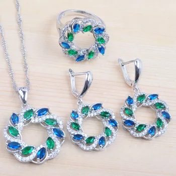 Dokonalé Dámské Stříbrné Barvě Šperky Sady Zelené A Modré Zirkony, Prsten, Náhrdelník A Náušnice Sada QZ0379