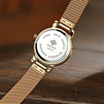 2017 Nové Luxusní Značky WWOOR Ultra Tenký Módní Ženy Quartz Hodinky Mesh Pásek z Nerezové Oceli Band Ženy Ležérní Náramkové hodinky