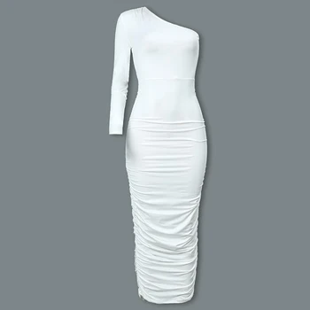 Ženy Elegantní Módní Sexy Bílé Koktejlové Party Slim Fit Šaty Jedno Rameno Páskem Ruched Design Bodycon Midi Šaty