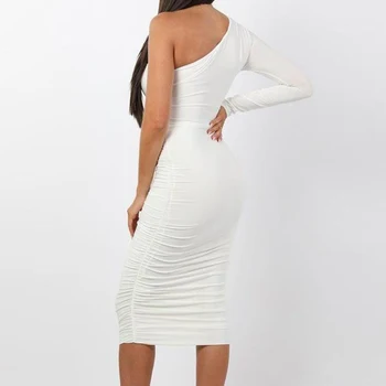 Ženy Elegantní Módní Sexy Bílé Koktejlové Party Slim Fit Šaty Jedno Rameno Páskem Ruched Design Bodycon Midi Šaty