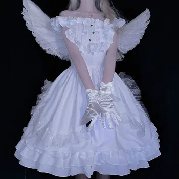 Japonské Sladké Bílé Angel Jsk Pohádka Lolita Šaty Vintage Roztomilé Dívky, Gotické Krajkové Svatební Šaty Cosplay Princezna Šaty