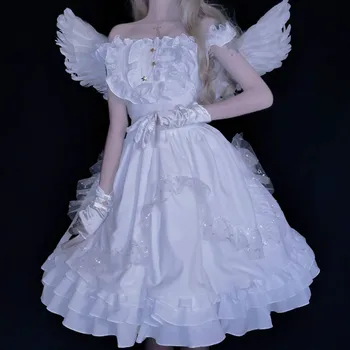 Japonské Sladké Bílé Angel Jsk Pohádka Lolita Šaty Vintage Roztomilé Dívky, Gotické Krajkové Svatební Šaty Cosplay Princezna Šaty