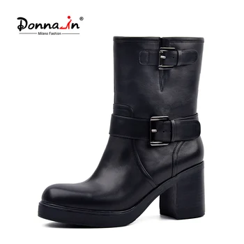 Donna-v módní kovovou přezkou jezdecké boty skutečné vlna podšívka Zimní snow boty originální kožené platforma, vysoký podpatek boty ženy