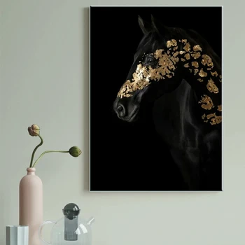 Černý Zlatý Kůň Obývací Pokoj Plátno Malování Pokoj Dekorace Kreativní Jasné, Luxusní Zvířecí Vzor Olejomalba