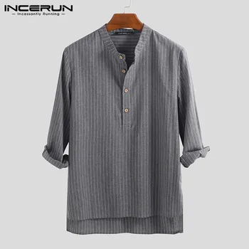 INCERUN 2021 Muži Pruhované Tričko Límcem 3/4 Rukáv Tlačítko Camisa Svetr Vintage Značky Muži Ležérní Košile Harajuku Plus Velikost