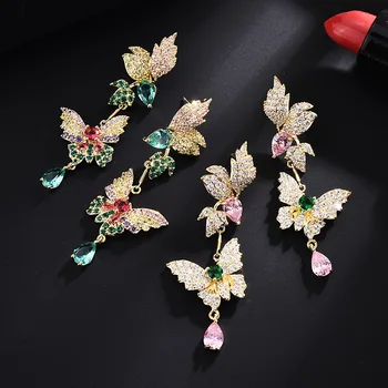 SINZRY NOVÉ kubické zirkony, dlouhé náušnice motýl elegantní barevné kreativní módní šperky pro ženy