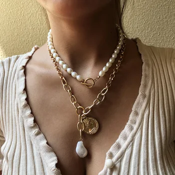 Multi Vrstva Bílé Barokní Perlový Náhrdelník Náhrdelník Collares Punk Boho Vyřezávané Mince Královna Přívěsek Dlouhý Řetěz Náhrdelníky Ženy Šperky