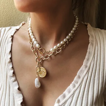 Multi Vrstva Bílé Barokní Perlový Náhrdelník Náhrdelník Collares Punk Boho Vyřezávané Mince Královna Přívěsek Dlouhý Řetěz Náhrdelníky Ženy Šperky