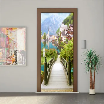 3D Příroda Mostu Dveře Nálepka Obývací Pokoj, Ložnice, Nástěnná malba, Tapeta, PVC Samolepicí Vodotěsné Home Dekor Nástěnné Nálepky