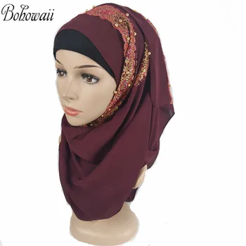 BOHOWAII Instant Šátek Vysoce Kvalitní Šátek Hidžáb s Perly Glitter Turbantes Mujeres Móda Šifon Šátek Tulband Dames