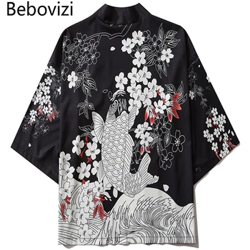 Bebovizi Harajuku Třešňové Květy Koi Kimono, Tradiční Japonské Oblečení pro Muže, Ženy Volné Roucho Streetwear Svetr Haori Obi