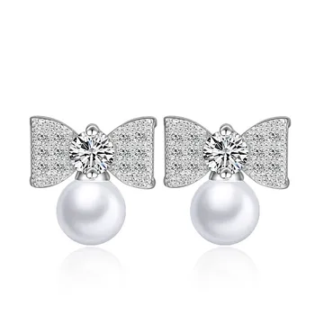 Horké Prodávat Nový Design Bowknot Pearl Lesklé Zirkony 925 Sterling Silver Stud Náušnice pro Ženy, Dívky Šperky Velkoobchod Dárek