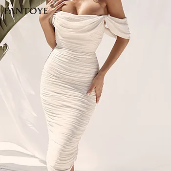 Fantoye Sexy Dvojitá Vrstva Off Rameno, Ženy Šaty Party Bílá S Hlubokým Výstřihem Slim Skládaný Bodycon Šaty 2019 Nové Maxi Šaty Vestidos