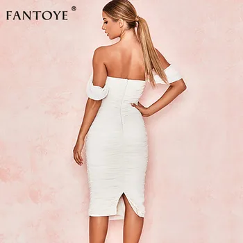 Fantoye Sexy Dvojitá Vrstva Off Rameno, Ženy Šaty Party Bílá S Hlubokým Výstřihem Slim Skládaný Bodycon Šaty 2019 Nové Maxi Šaty Vestidos