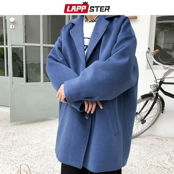 LAPPSTER Muži Korean Tlačítko Dlouhý Příkop Kabát 2020 Podzimní Pánská Harajuku Neformální Větrovka Muž Černé Teplé Zimní Bundu A Kabát